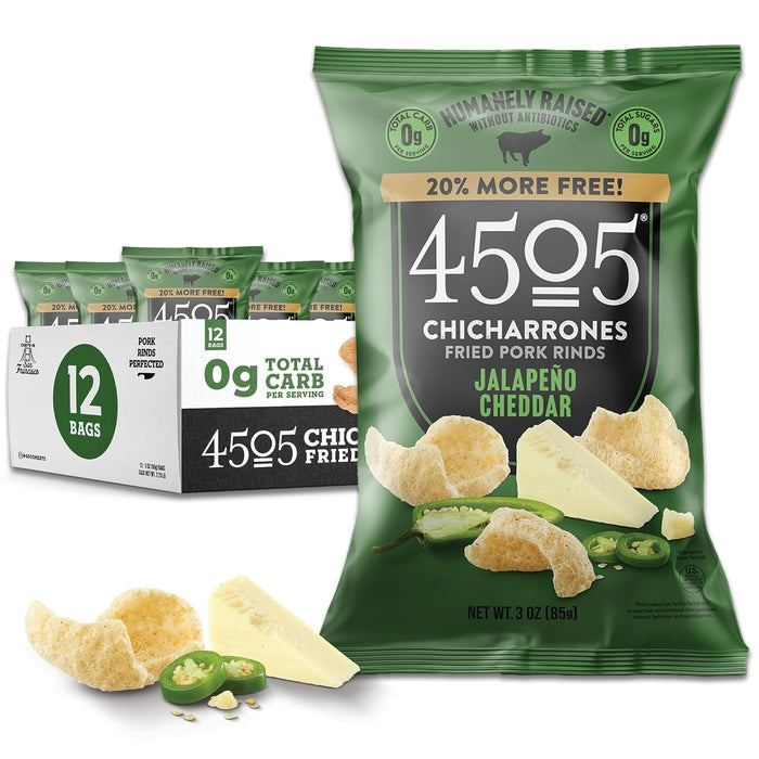 4505 Pork Rinds Chicharrones, Jalapeño Cheddar, 3 oz (Pack of 12) - Gluten-Free Snack