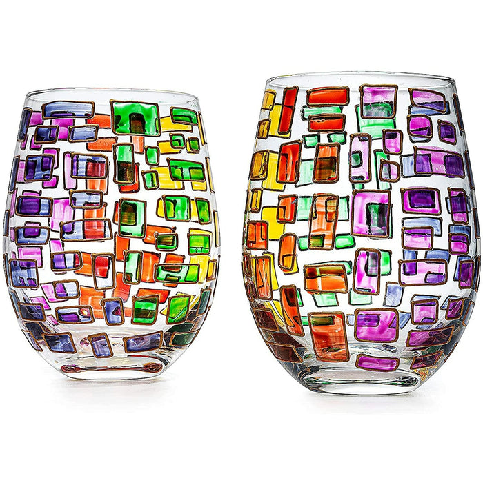 The Wine Savant Renaissance Stained Glass Windows, Artisanal Hand Painted Glassware Gift Idea Her, Him, Birthday, Mom, Housewarming, Gifts Ideas for Women & Men Art Deco (Stemless Wine Glasses)