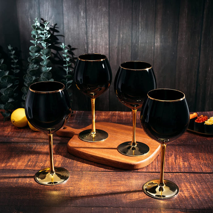 The Wine Savant Set of 4 Black Wine Glasses Gold Stemmed 14 oz