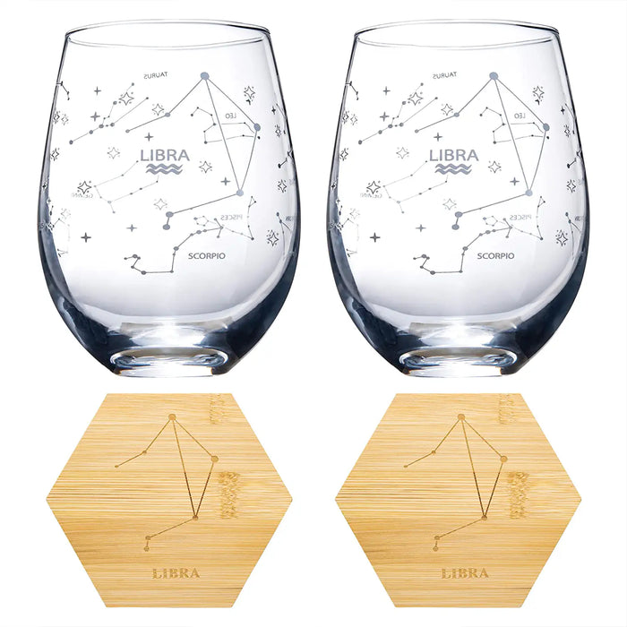 Set of 2 Zodiac Sign Wine Glasses with 2 Wooden Coasters by The Wine Savant - Astrology Drinking Glass Set with Etched Constellation Tumblers for Juice, Water Home Bar Horoscope Gifts 18oz (Libra)