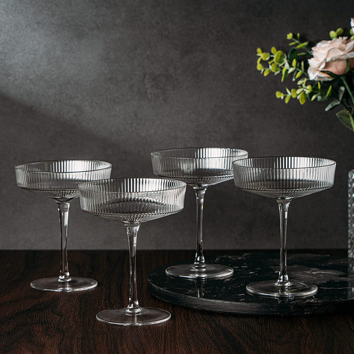Ribbed Coupe Cocktail Glasses 8 oz | Set of 4 (Clear)