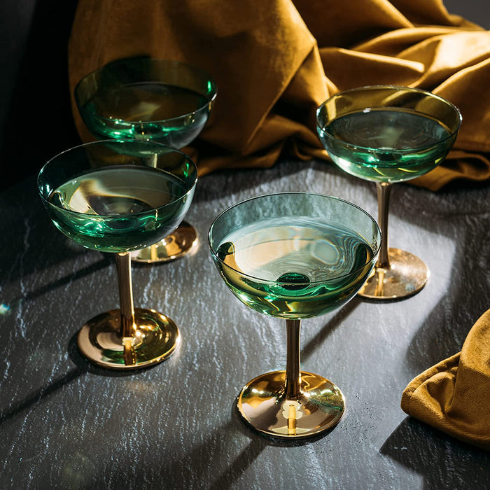 Colored Coupe Art Deco Glasses, Gold | Set of 4 | 8 oz (Green)