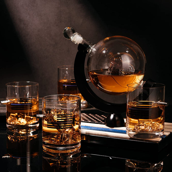 Police Officers Decanter - Whiskey and Wine Set 850ml & Four 10oz Glasses, Thin Blue Line Flag Base - Law Enforcement Gifts, Police & Police Academy, Gift Set First Responders! Gifts for Dad