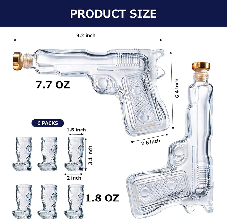 Pistol & Shotglasses Decanter Party Serving Holster Set - Whiskey Gun Decanter & Shot Glass - Pourers & Stopper - 2x 7.7oz Decanters - 6x 2oz Cowboy Boot Shots - Unique Gifts