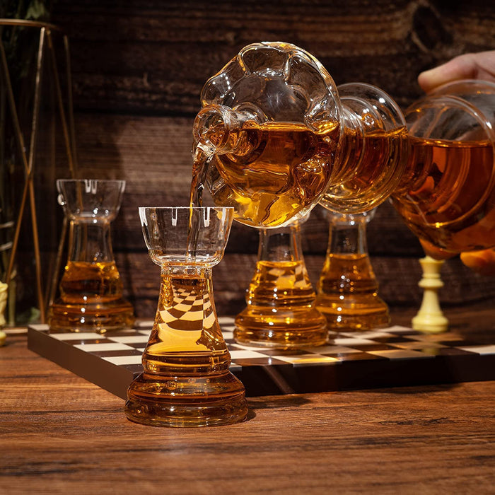 New Chess Decanter Set by The Wine Savant - Queen Chess Decanter 750ml 12" H With 4 Rook Shot Glasses 4oz - Queen's Gambit, Chess Player Gifts, Whiskey, Wine Lovers Gifts for Dad…