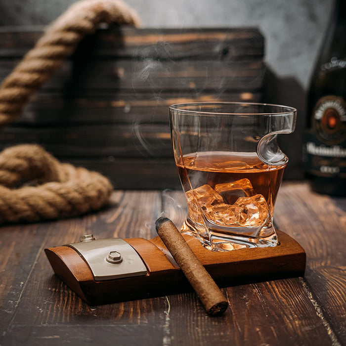The Wine Savant Glass & Coaster & with A Unique Whiskey Glass Slot to Hold Item, Whiskey Glass Gift Set, Item Rest, Accessory Set Gift for Dad, Men Home Office Decor Gifts, Fathers Day - Chirstmas