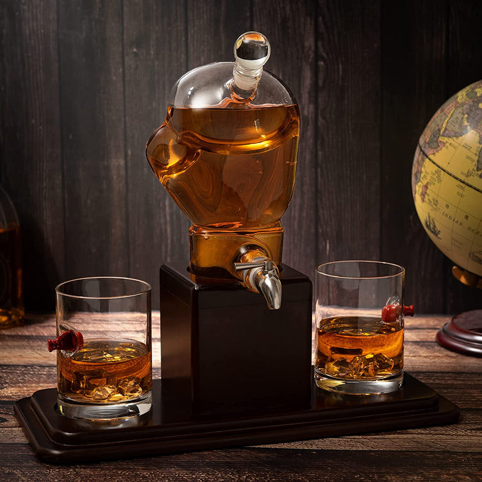 Boxing Glove Wine & Whiskey Decanter Set 750Ml 13" x 13" With 2 - 10oz Boxing Glasses by The Wine Savant For Liquor, Whiskey - Unique Boxing Gift Set, Boxer Gifts, Gifts for Boxing Enthusiasts!