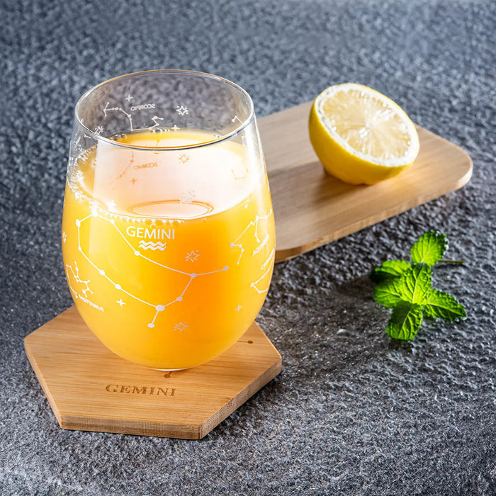 Set of 2 Zodiac Sign Wine Glasses with 2 Wooden Coasters by The Wine Savant - Astrology Drinking Glass Set with Etched Constellation Tumblers for Juice, Water Home Bar Horoscope Gifts 18oz (Gemini)