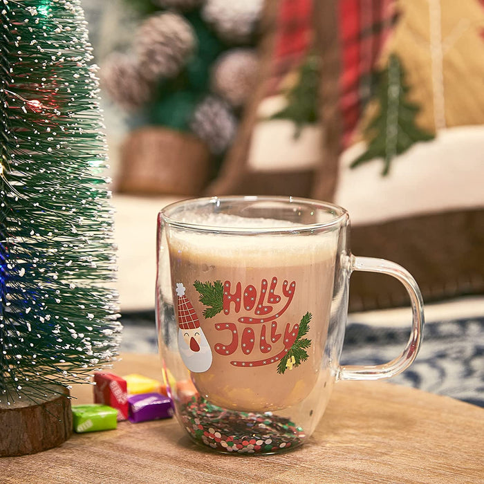 Set of 2 Holly Jolly Christmas Design Tumbler Mugs - Confetti Filled 9.5 oz Decorated Christmas Glass - Perfect for Wine, Eggnog, Cocoa, Holiday Parties & Festivities - 4.25" High, 9.5 oz Capacity