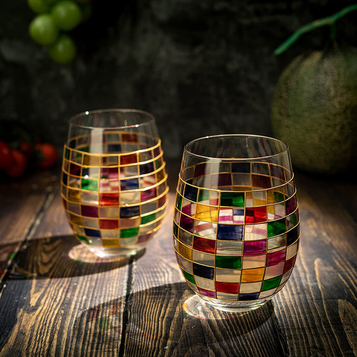 Renaissance Stained Wine Glasses Set of 2 by The Wine Savant - Festive Colorful Coffee Cups, Stained Window, Multicolored, Home Bar Gift, Colored Drinkware, Rainbow Glassware (Stemless)