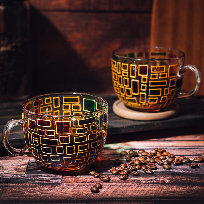 The Wine Savant Renaissance Stained Glass Windows Mugs, Artisanal Hand Painted Set of 2 - Gift Idea for Her, Him, Birthday, Mom, Housewarming - Art Deco Coffee and Tea Set 3.5" H X 4" W (Mugs)