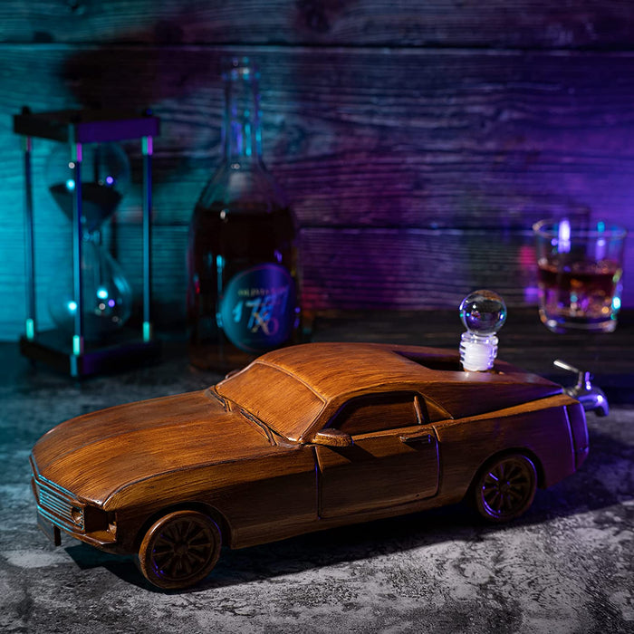 Car Wine & Whiskey Decanter Set 500ml by The Wine Savant 13" L - Wooden Car Figurine, Fastback Car Gifts, Bar Gifts, Parties, Birthdays