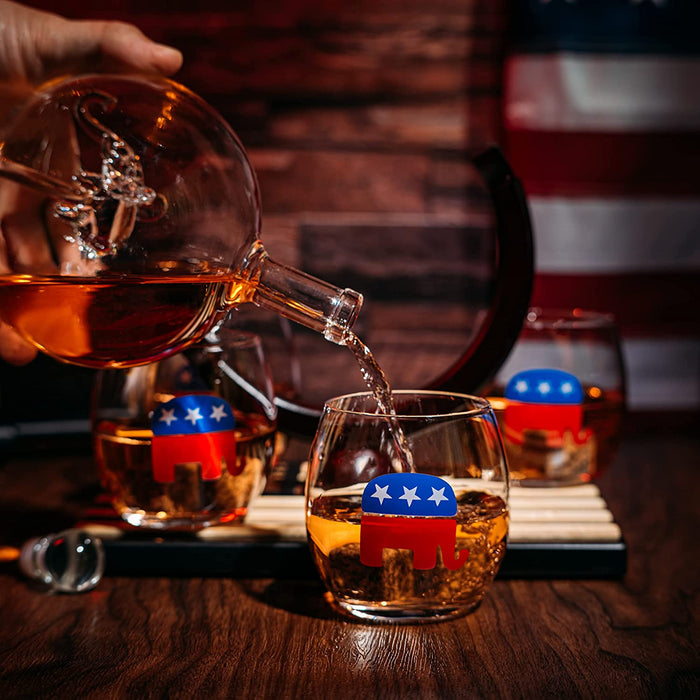 Republican Party Wine & Whiskey Decanter Set, Proud Republicans Vote Red Election Decor, Washington DC Politics Gift, 750ml US Flag & 4 Glasses - Elephant Logo, RNC Gifts, Senate, House & President