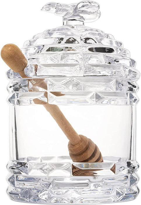 Crystal Bee Honey Dish Jar, Gift 6" - Glass Honey Pot with Dipper and Lid Cover for Home Kitchen Honey and Syrup, Gorgeous Bee Decor Beehive Honey Pot, Great for Jam, Honey, Jelly 14oz
