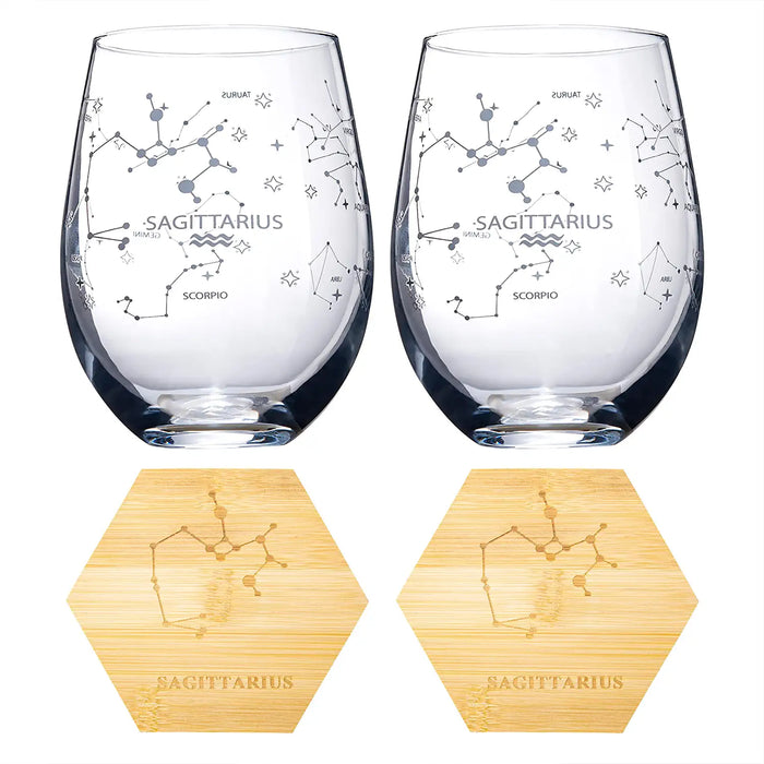 Set of 2 Zodiac Sign Wine Glasses with 2 Wooden Coasters by The Wine Savant - Astrology Drinking Glass Set with Etched Constellation Tumblers for Juice, Home Bar Horoscope Gifts 18oz (Sagittarius)
