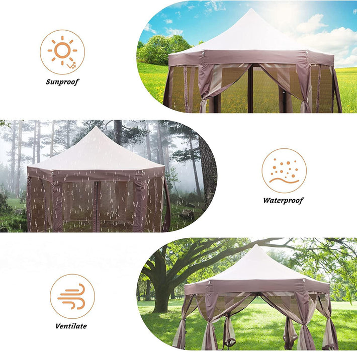 12' X 12' Gazebo with Mosquito Netting Outdoor Hexagonal Pop up Canopy Tent with Strong Iron Frame Storage Bag