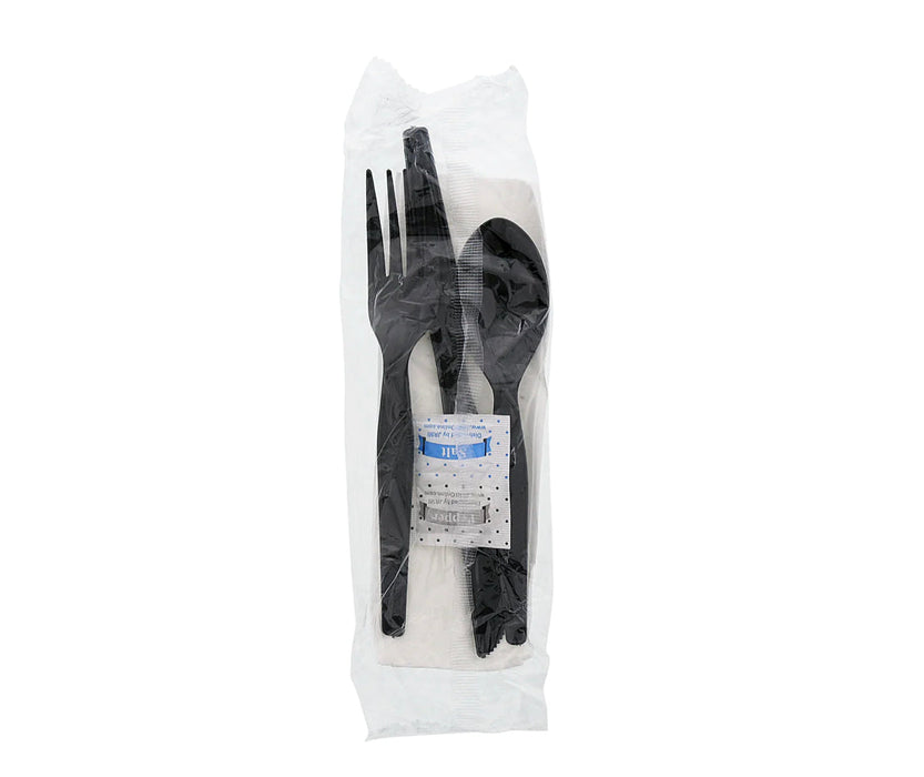 Cutlery Kit, PS, 6 Piece Black Medium Heavy Weight (F,K,S,Nap,S&P), 250 Kits