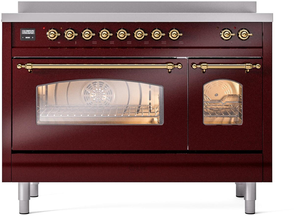 ILVE Nostalgie II 48" Electric Range, Burgundy, Brass Trim UPI486NMPBUG