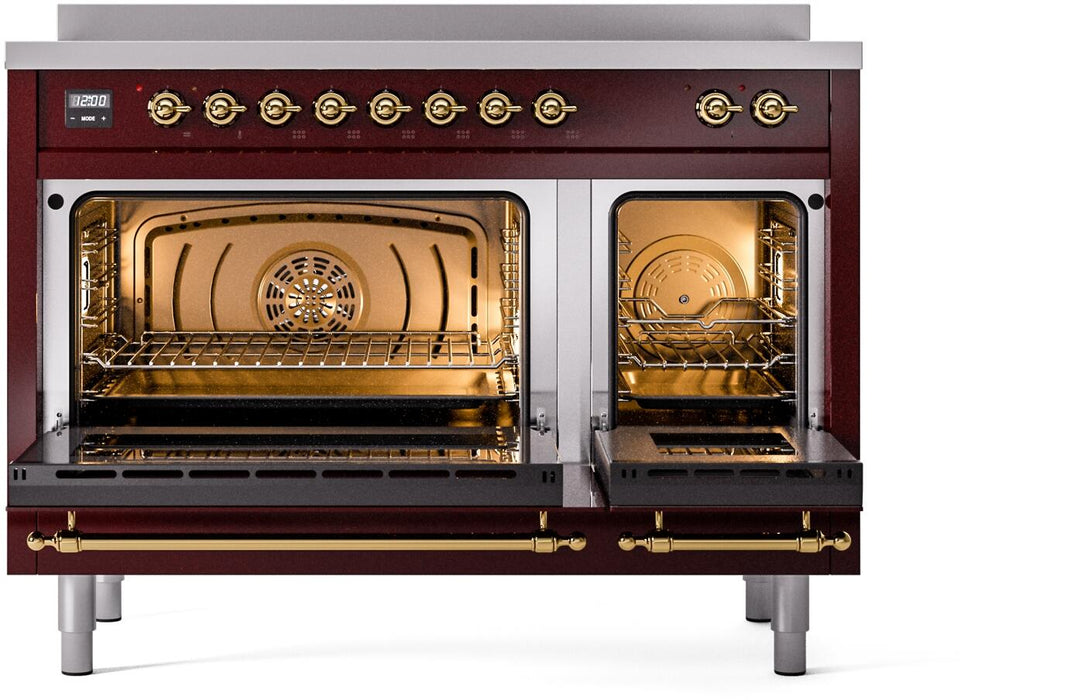 ILVE Nostalgie II 48" Electric Range, Burgundy, Brass Trim UPI486NMPBUG