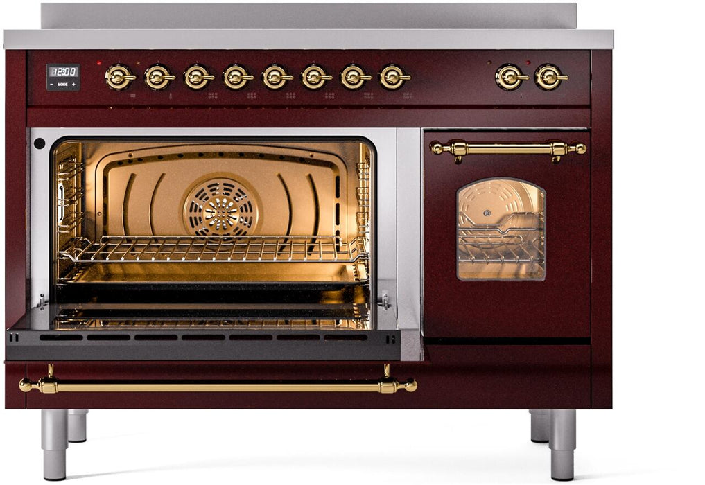 ILVE Nostalgie II 48" Electric Range, Burgundy, Brass Trim UPI486NMPBUG
