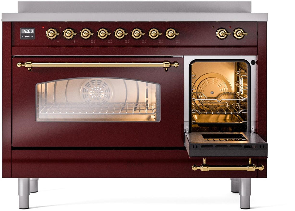 ILVE Nostalgie II 48" Electric Range, Burgundy, Brass Trim UPI486NMPBUG