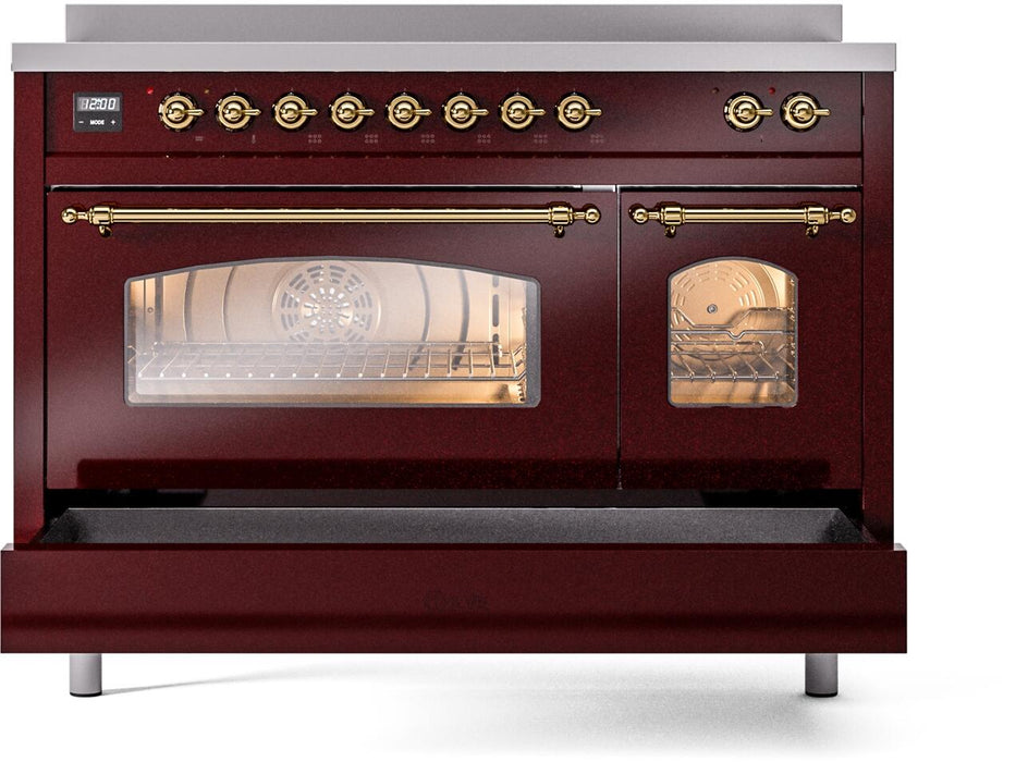 ILVE Nostalgie II 48" Electric Range, Burgundy, Brass Trim UPI486NMPBUG