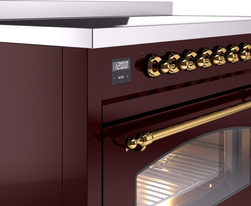 ILVE Nostalgie II 48" Electric Range, Burgundy, Brass Trim UPI486NMPBUG