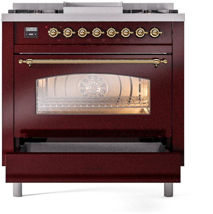 ILVE Nostalgie II 36" Dual Fuel Liquid Propane Range, Burgundy, Brass Trim UP36FNMPBUGLP