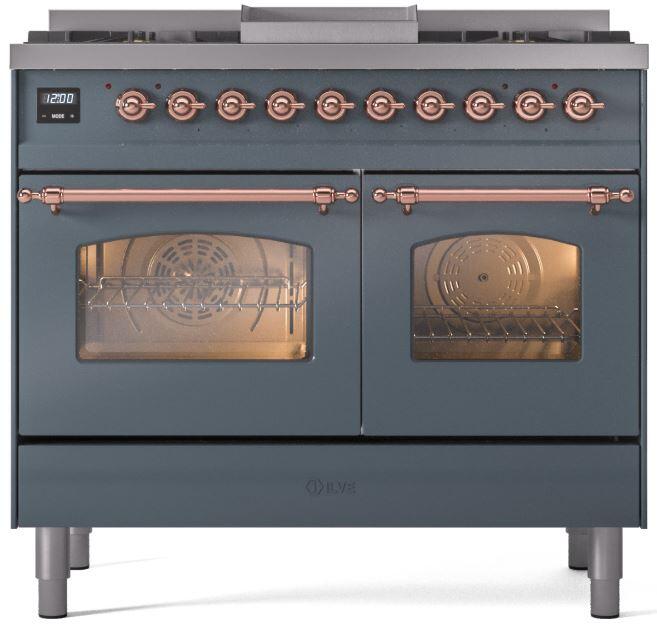 ILVE Nostalgie II 40 " Dual Fuel Natural Gas Range, Blue Grey, Copper Trim, UPD40FNMPBGP