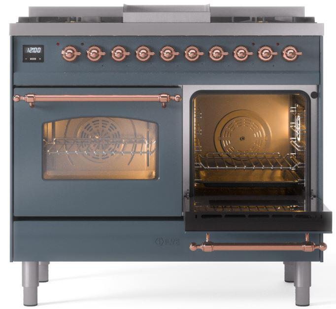 ILVE Nostalgie II 40 " Dual Fuel Natural Gas Range, Blue Grey, Copper Trim, UPD40FNMPBGP
