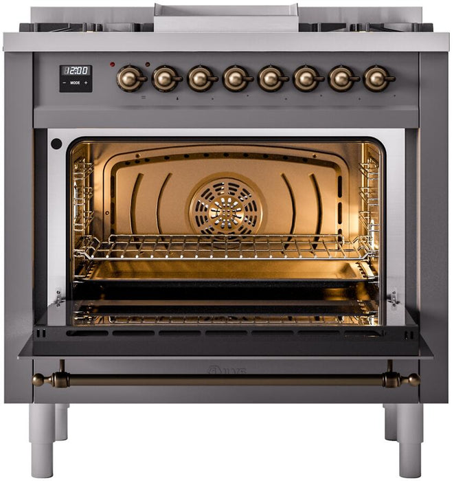 ILVE Nostalgie II 36" Dual Fuel Liquid Propane Range, Matte Graphite, Bronze Trim UP36FNMPMGBLP