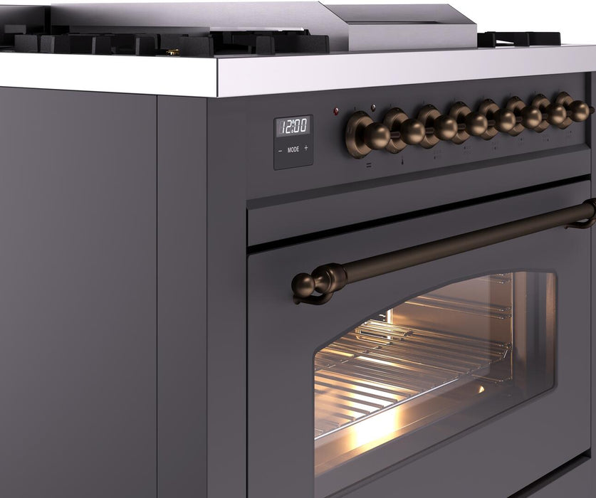 ILVE Nostalgie II 36" Dual Fuel Liquid Propane Range, Matte Graphite, Bronze Trim UP36FNMPMGBLP