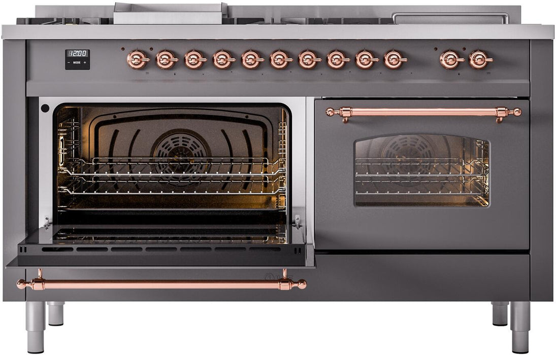 ILVE Nostalgie II 60" Dual Fuel Natural Gas Range, Matte Graphite, Copper Trim UP60FSNMPMGP