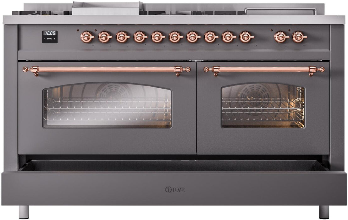 ILVE Nostalgie II 60" Dual Fuel Natural Gas Range, Matte Graphite, Copper Trim UP60FSNMPMGP