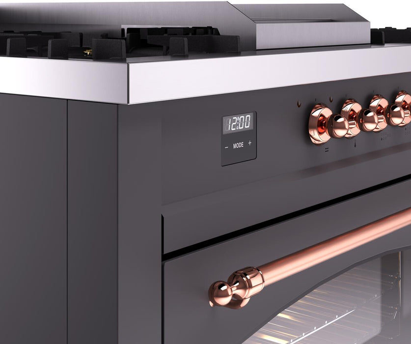ILVE Nostalgie II 60" Dual Fuel Natural Gas Range, Matte Graphite, Copper Trim UP60FSNMPMGP