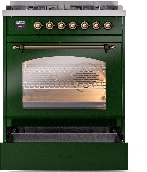 ILVE Nostalgie II 30" Dual Fuel Liquid Propane Range, Emerald Green, Bronze Trim UP30NMPEGBLP