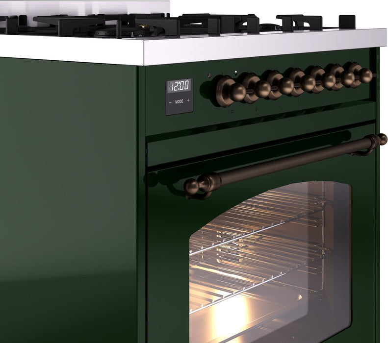ILVE Nostalgie II 30" Dual Fuel Liquid Propane Range, Emerald Green, Bronze Trim UP30NMPEGBLP