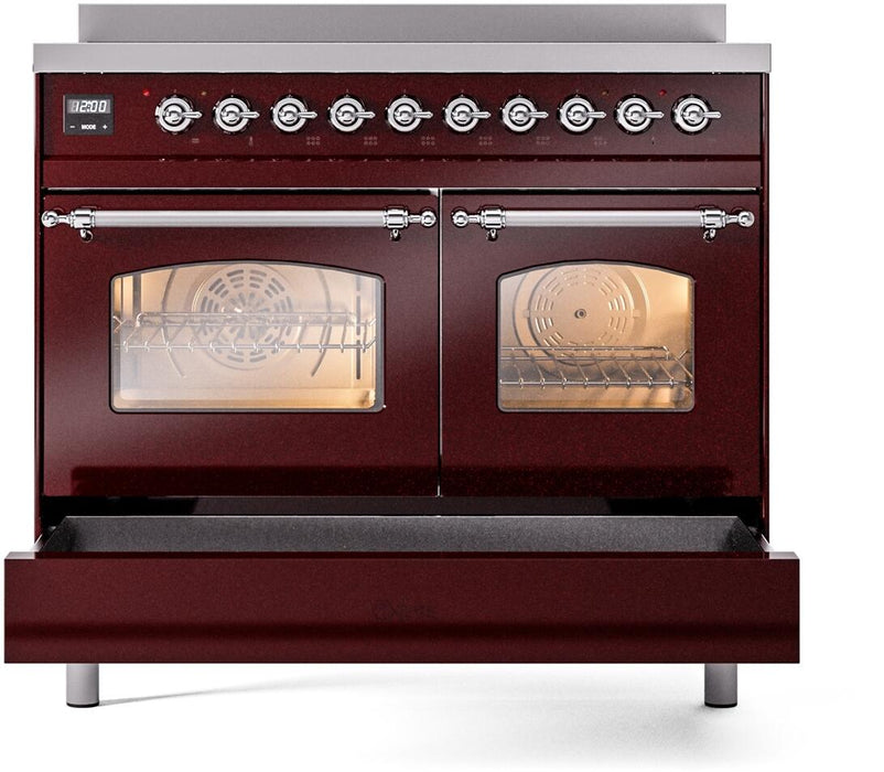 ILVE Nostalgie II 40" Electric Range, Burgundy, Chrome Trim UPDI406NMPBUC