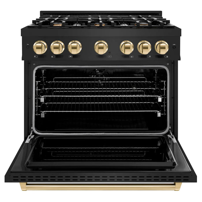 ZLINE 36" Classic Gas Range, Convection Gas Oven Black Stainless Steel, Gold CGRBZ-36-G