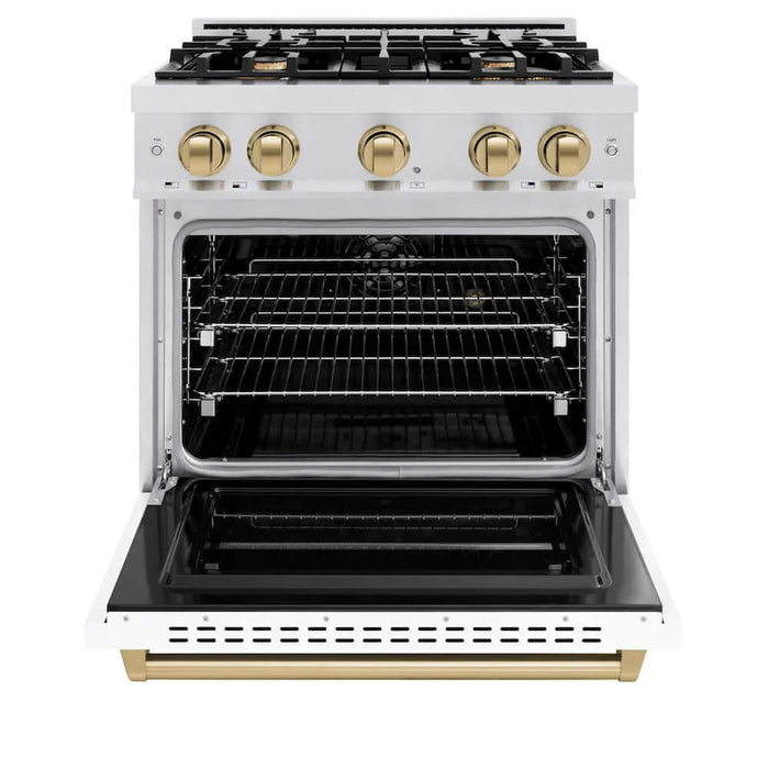 ZLINE 36" Dual Fuel Range, Gas Cooktop, Electric Convection Oven DuraSnow® Stainless Steel, White Matte Door Champagne Bronze CDRSZ-WM-36-CB