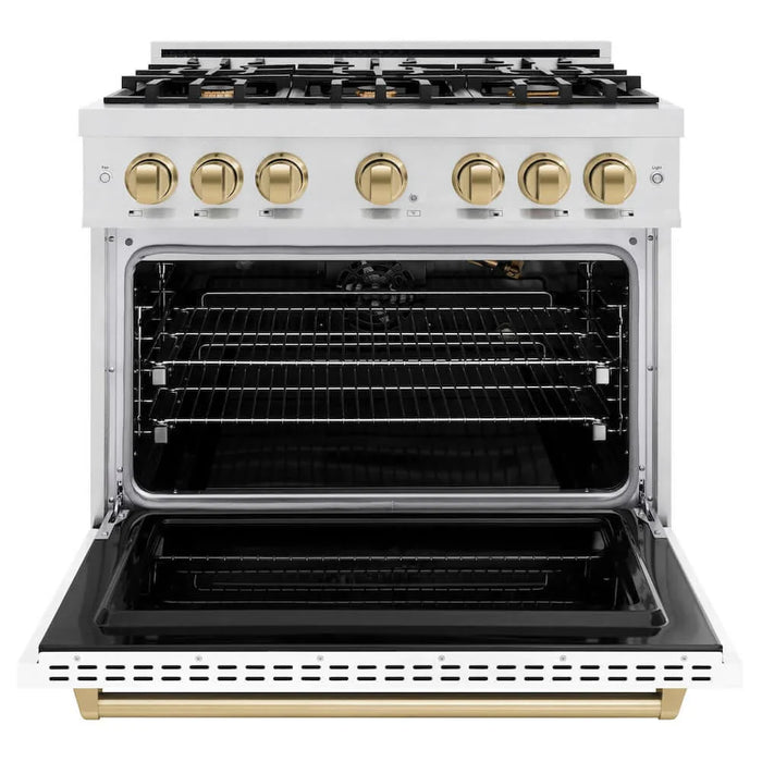 ZLINE 36"Classic Gas Range, Convection Gas Oven, DuraSnow® Stainless Steel, White Matte Door Champagne Bronze CGRSZ-WM-36-CB