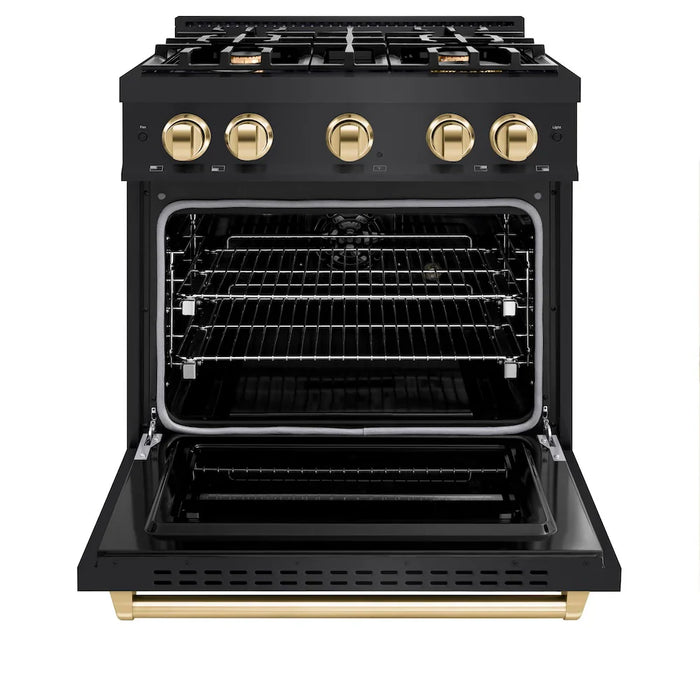 ZLINE 30" Dual Fuel Range, Gas Cooktop, Electric Convection Oven Black Stainless Steel, Gold CDRBZ-30-G