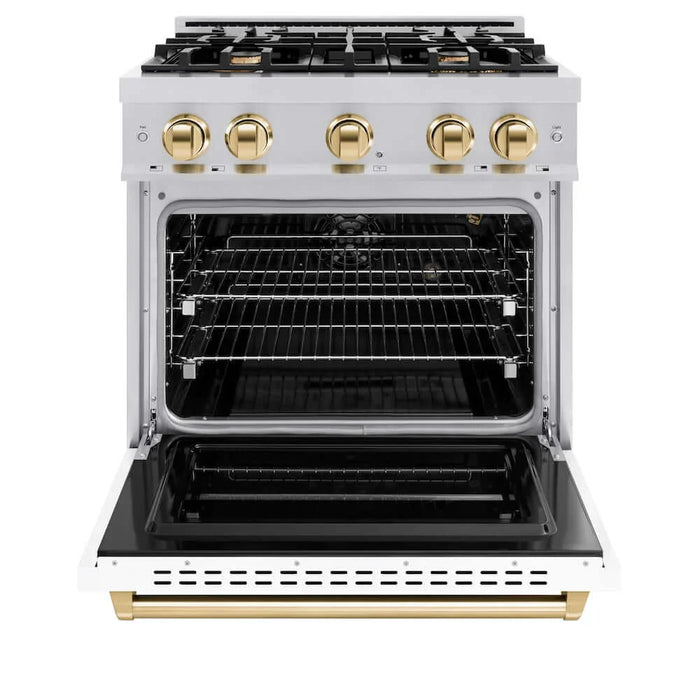 ZLINE 30"Classic Gas Range, Convection Gas Oven, DuraSnow® Stainless Steel, White Matte Door Polished Gold CGRSZ-WM-30-G