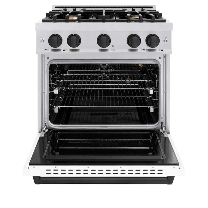 ZLINE 30"Classic Gas Range, Convection Gas Oven, DuraSnow® Stainless Steel, White Matte Door Matte Black CGRSZ-WM-30-MB