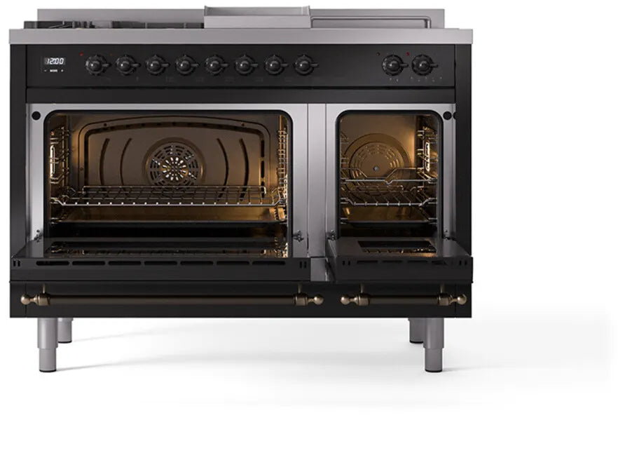 ILVE Nostalgie II 48"  Dual Fuel Natural Gas Range Glossy Black Bronze Trim UP48FSNMPBKB