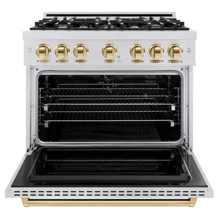 ZLINE 36" Dual Fuel Range, Gas Cooktop, Electric Convection Oven DuraSnow® Stainless Steel, Gold CDRSZ-36-G