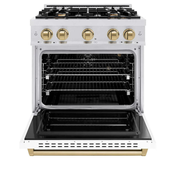 ZLINE 30"Classic Gas Range, Convection Gas Oven, DuraSnow® Stainless Steel, White Matte Door Champagne Bronze CGRSZ-WM-30-CB