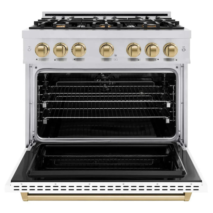 ZLINE 36" Dual Fuel Range, Gas Cooktop, Electric Convection Oven Stainless Steel, Matte White Door Champagne Bronze CDRZ-WM-36-CB