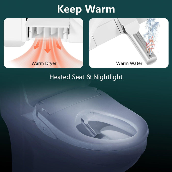 Electric Bidet Fits Elongated Toilets with Wireless Remote Control, Adjustable Nozzle, Multiple Spray Modes, Warm Air Dryer, Nightlight