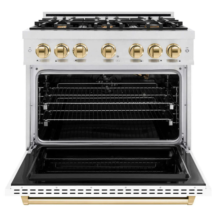 ZLINE 36"Classic Gas Range, Convection Gas Oven, DuraSnow® Stainless Steel, White Matte Door Polished Gold CGRSZ-WM-36-G